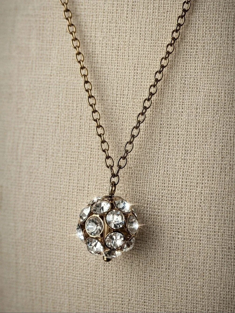 J Crew Single Round Disco Ball Style Rhinestone Pendant Necklace Clear Bezel Set